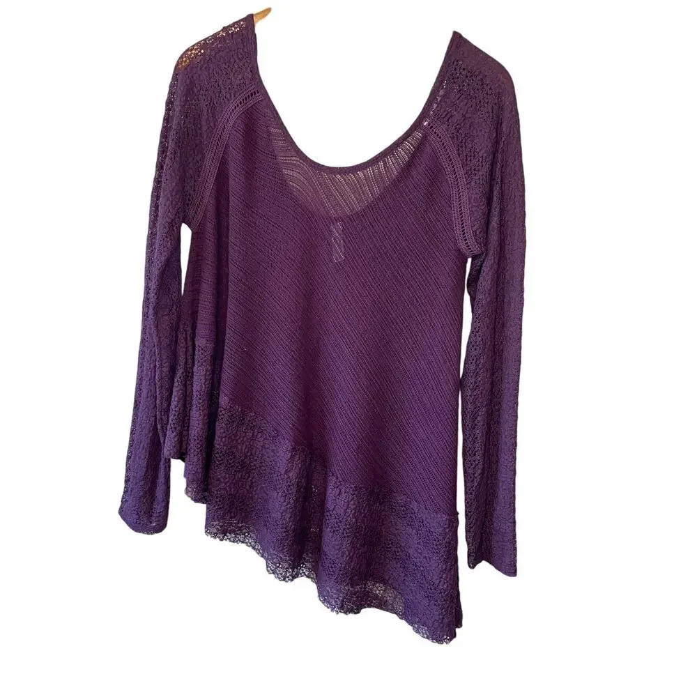 Free People Boho Purple Mesh Lace Asymmetrical Hem Long Sleeve Blouse Small